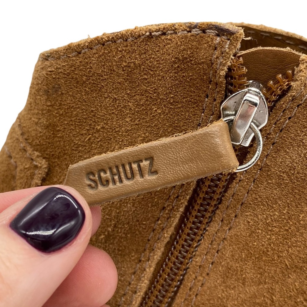 Schutz Abiha Tan Suede Leather Zip Block Heel Western Boot Bootie Size 6 - Picture 4 of 11